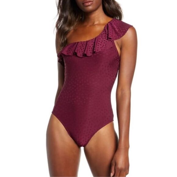 New. Robin Piccone burgundy ruffle swimsuit. MSRP $162. Size 4 - Picture 4 of 9